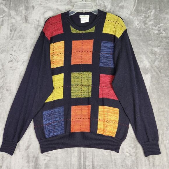 Norm Thompson Sweater Mens L Blue Multi Geometric Wool Blend Grandpa Core Italy - Picture 1 of 6